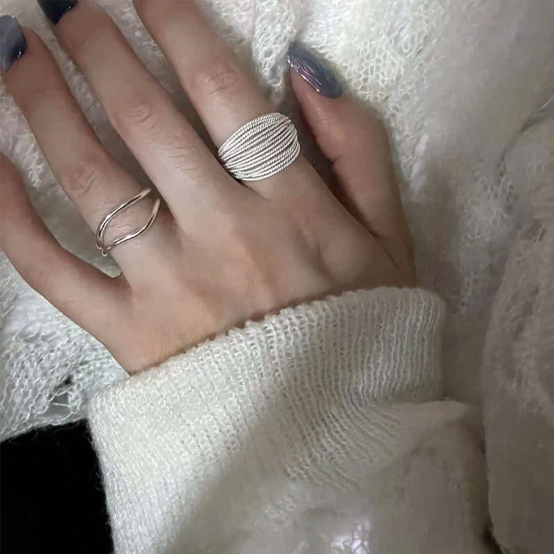 925 Sterling Silver Unique Lines Ring For Women Jewelry Finger Adjustable Open