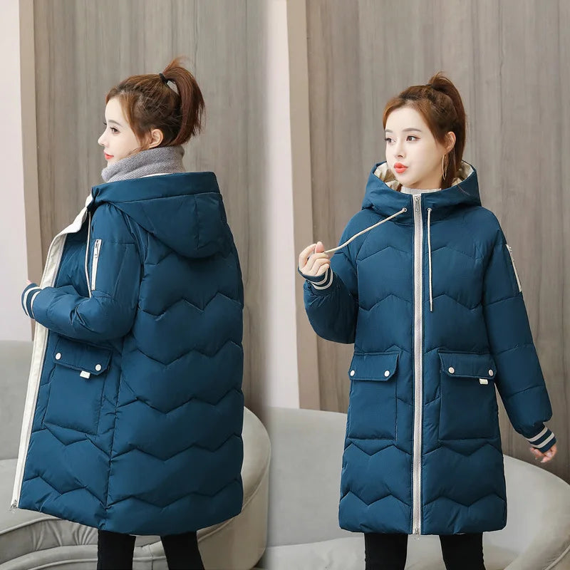 Women Winter Coat Mid-length Cotton Padded Parkas Hooded Warm Thicken