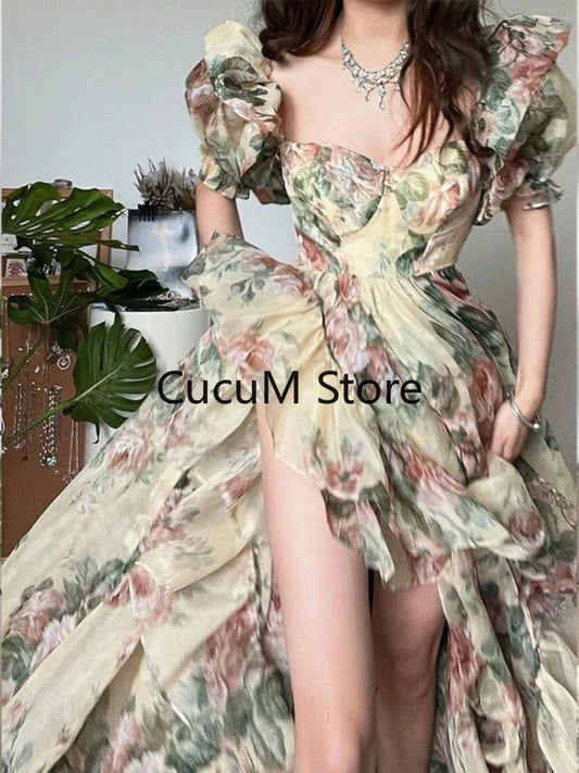 Evening Party Dress 2023 Summer Short Puff Sleeve Khaki  Print Organza Women Dress