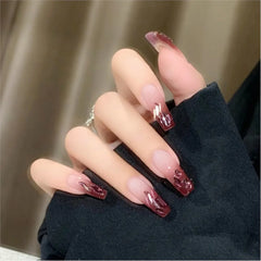 24Pcs/Pack Gradient Red Fake Nail with Luxury Diamond False Nails Detachable Crystal