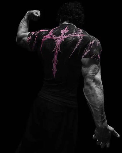 GYM T-shirt Men's Dark Gothic Print Muscle Tee  High Elasticity And Quick Drying Exercise For Bodybuilding Training 2025 Summer