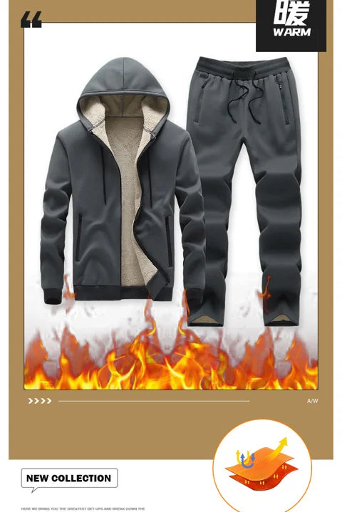 Hooded lambskin medium and elderly large size warm suit with plush thick hoodie jacket+thick pants two-piece set