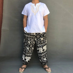 Beach Style Thai Lantern Pants Wide Leg Pant Drawstring Elastic Waist Totem