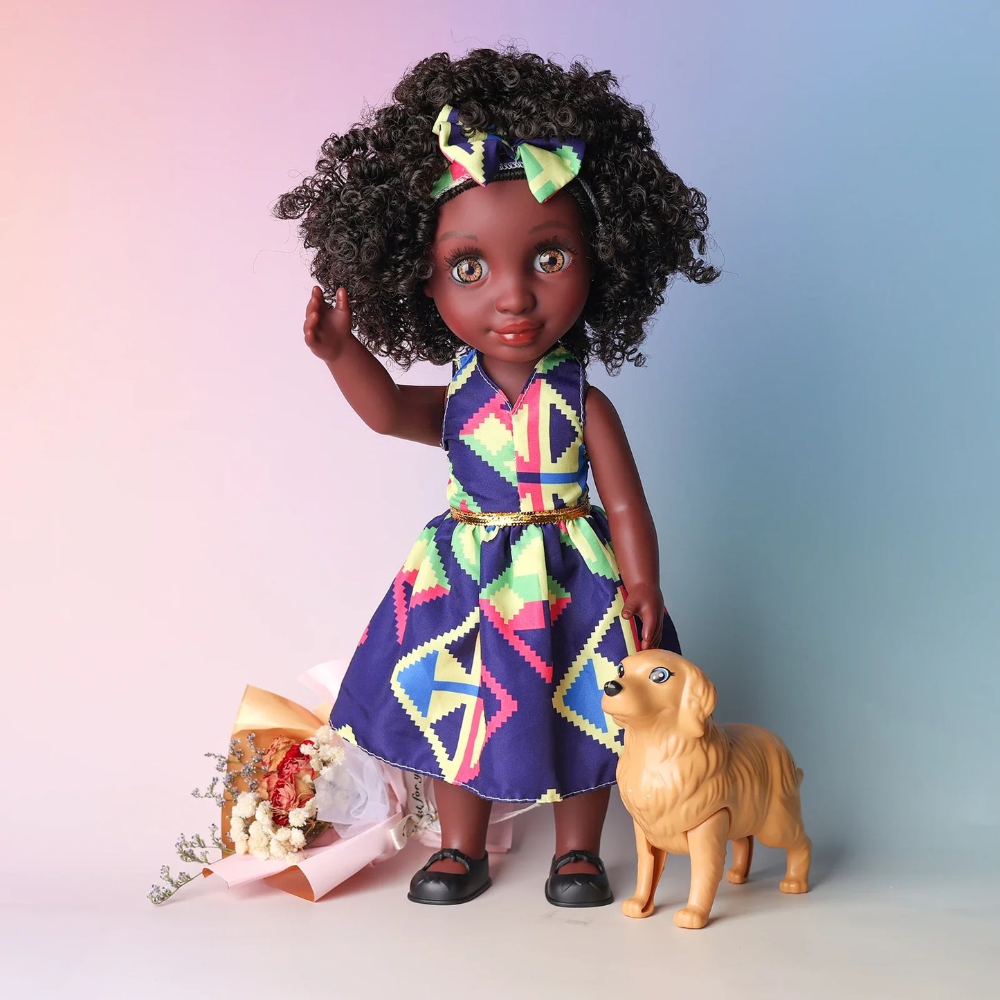 One Piece 14 Inch American African Black Doll with Curly Hair - Perfect Gift for Girls on Birthday - Full Set Included