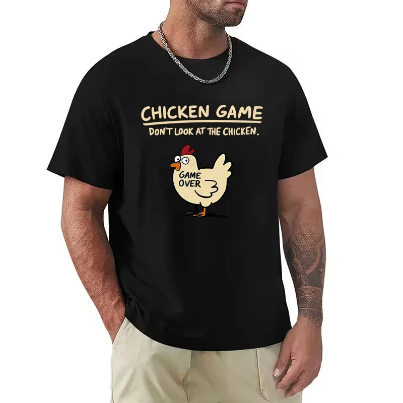 Chicken Game Don't Look At The Chicken Pattern Print T-Shirt Men Casual Daily Outdoor Round Neck Short Sleeve T Shirt Mens Top