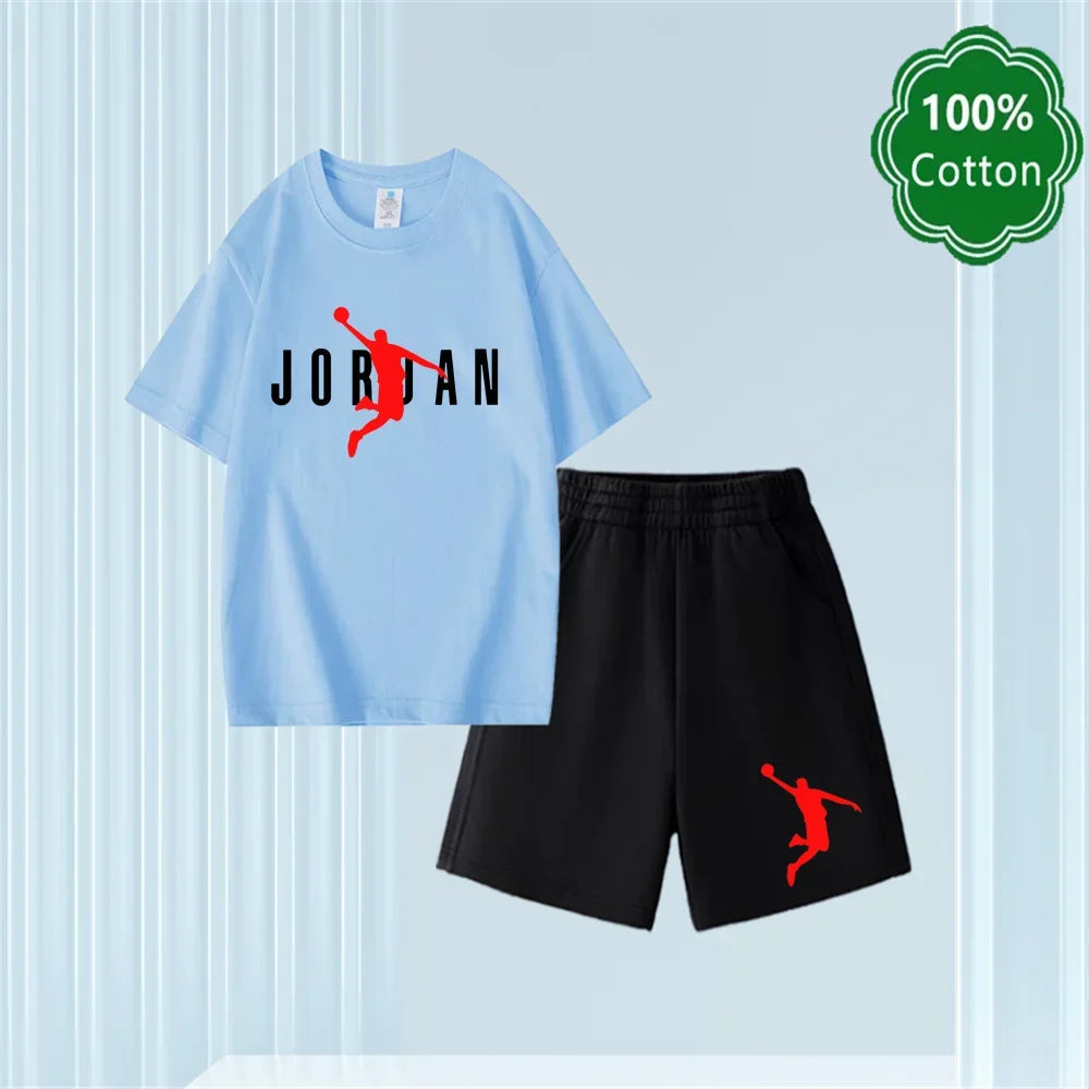 Summer New 3-14 Years Old Top Design Classic Set 100% Cotton Jordan Print T-shirt Casual Shorts Harajuku Boys/girls Gift