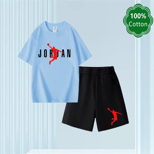 Summer New 3-14 Years Old Top Design Classic Set 100% Cotton Jordan Print T-shirt Casual Shorts Harajuku Boys/girls Gift