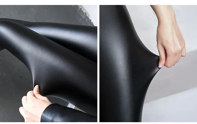 Women's Pants Velvet PU Leather Leggings Winter Ladies High Waist Fleece