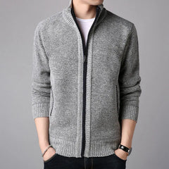 Men's Plush Thickened Knitted Jacket Vertical Neck Zipper Sweater Cardigan