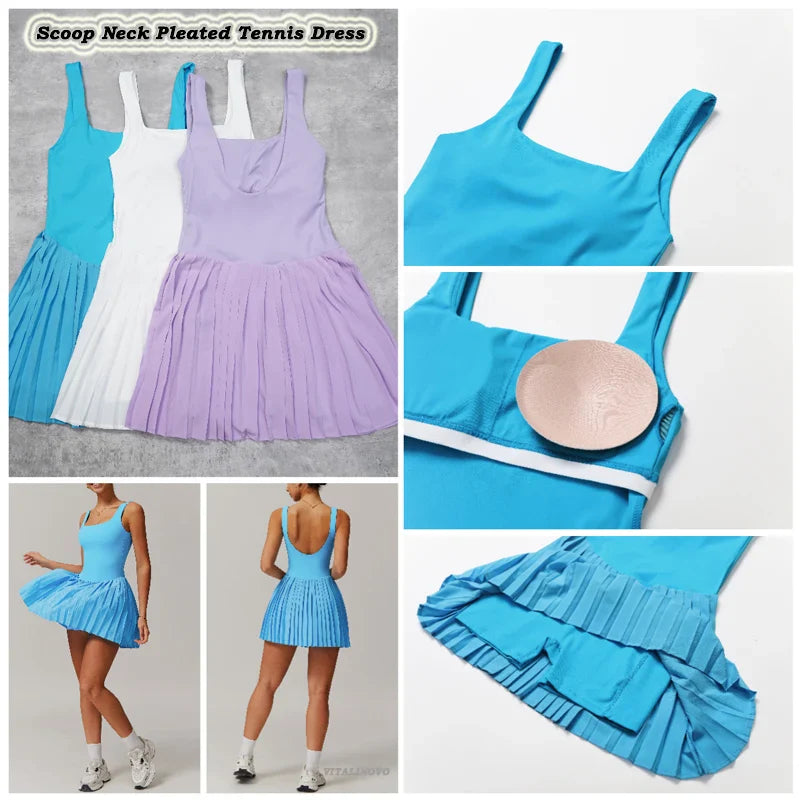 VITALINOVO Workout Tennis Dress with Built in Shorts Square Neck Padded Workout Dress with Pockets Golf Athletic Mini Dresses