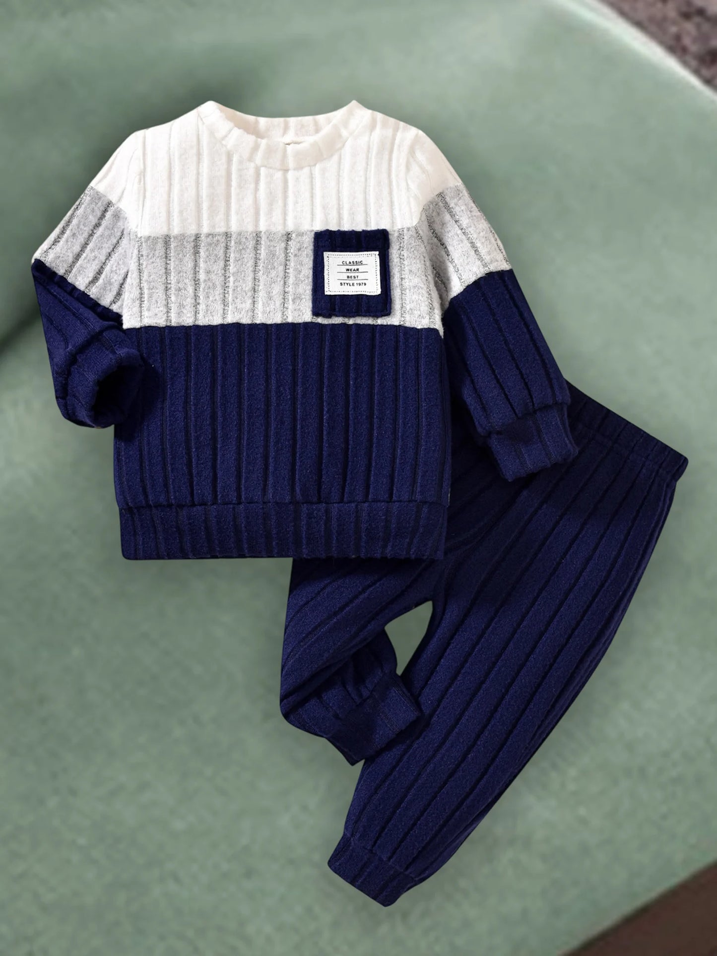 0-3 Years Boys Fall 2Pcs Clothes Sets Long Sleeve O Neck Patchwork Pullover Solid Color Pants