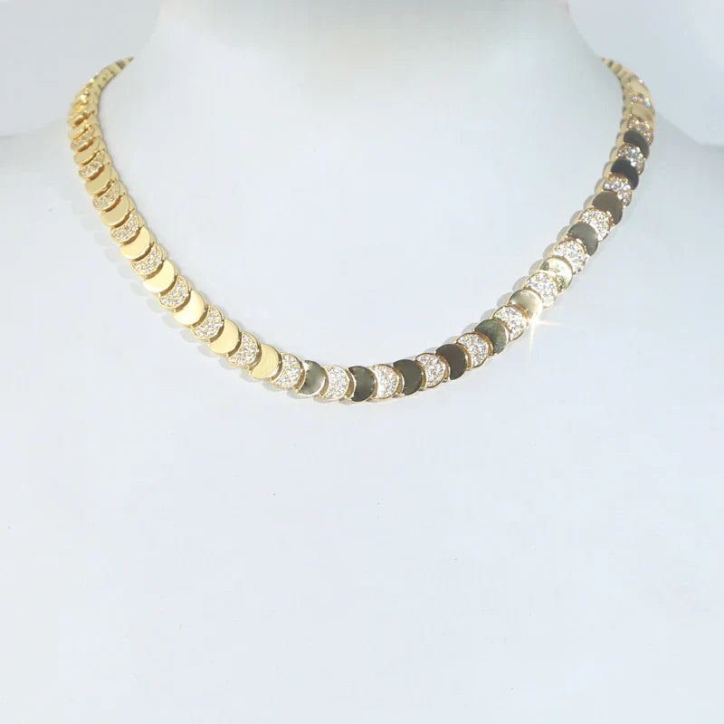 Gold Color Fashion Women Jewelry Set Geometric Shiny Plain Paved 5A CZ Moon Shaped Chain Choker Necklace Bracelet