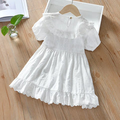 2023 Short Sleeves Dress Casual Clothes Summer White Color Elegant Frocks for Pretty Kids Girls 2-8 Year