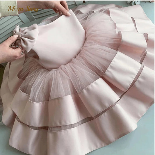 Baby Girl Princess Tutu Dress Off Shoulder Toddler Teen Vintage Layer Tulle Vestido Bow Party Pageant Birthday Baptism Frocks