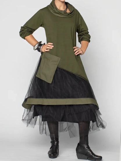 Plus Size Women's Dress Cowl Neck Patchwork Mesh Tiered Long Sleeve Maxi Dress A-Line Aysmmetric Hem Dress-Only Black Part