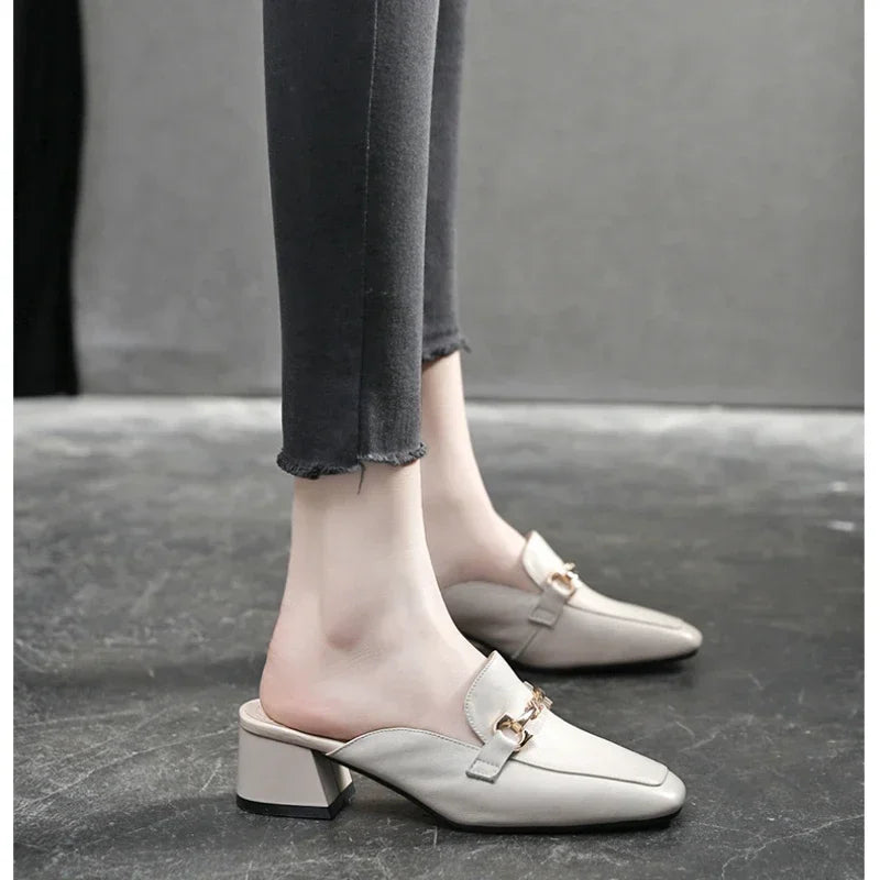 2023 High Quality Ladies Shoes Mules Women's High Heels Fashion Hot Sale Pumps Square Heel Solid  Female Shoes High Heels