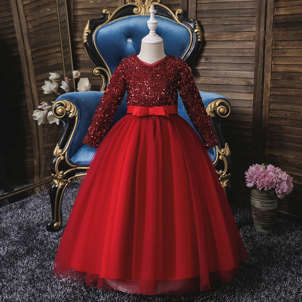 318 Girl's Birthday Evening Dress Long Sleeve Sparkling Pong Skirt Flower Girl Wedding Dress Piano Performance Dress