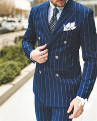 Classic Navy Blue Striped Men's Suits Slim Fit Business Blazer Double