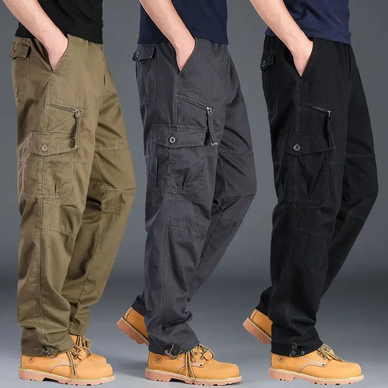 Men's Casual Cargo Pants Zipper Multi-Pocket Tactical Army Straight Loose Trousers