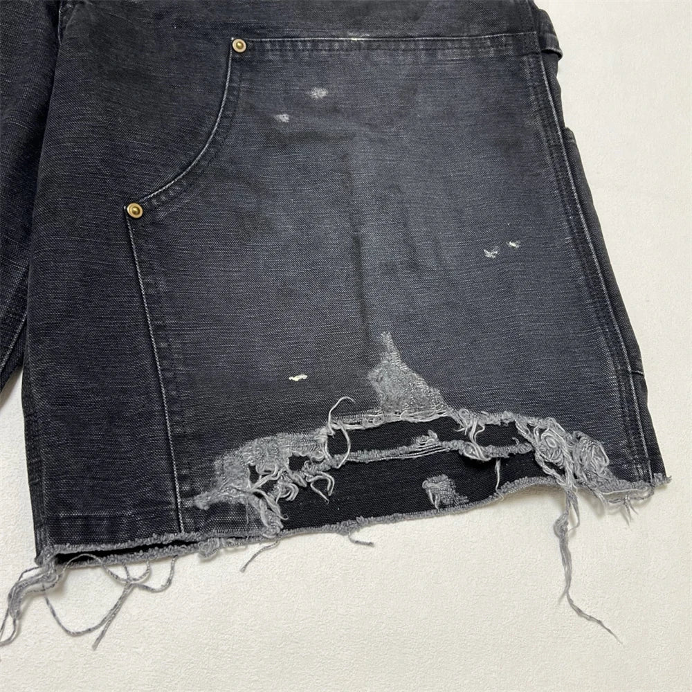 Black Nice Washed Damaged Saint DOUBLE KNEE Zipper Denim Shorts Men Women Oversized Shorts