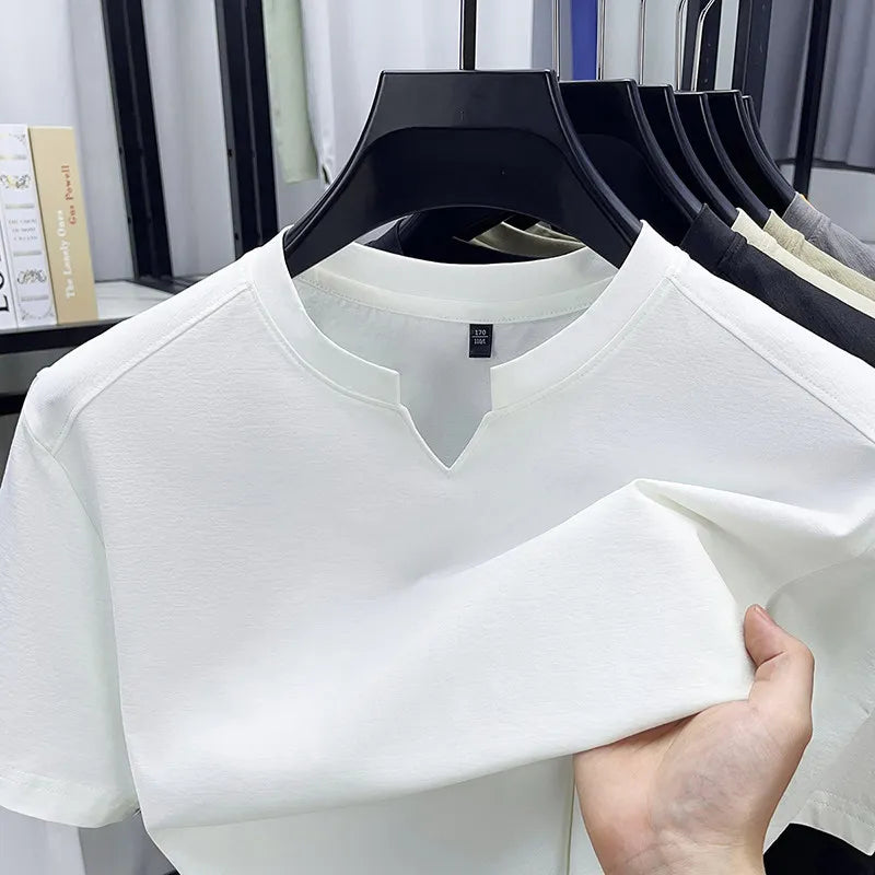 Korean Men's Casual and Fashionable Small V-neck Solid Color Short Sleeved T-shirt Comfortable Summer Versatile Top