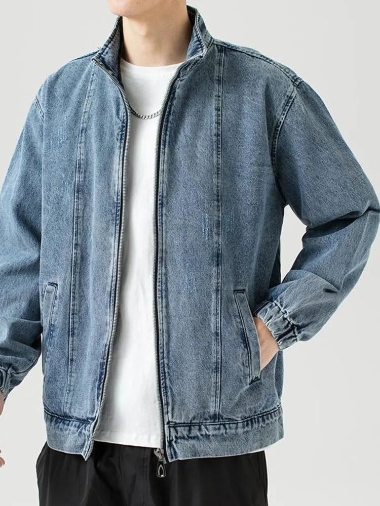 Stand Collar Denim Jacket Men Casual Autumn Zip Closure Jacket