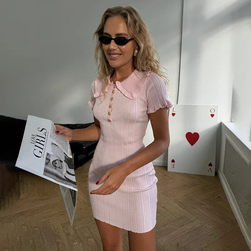Tornova Ruffled Knitted Mini Dresses For Women High Waist Summer 2025 New Short Sleeve Dress Bodycon Female Retro Elegant Dress
