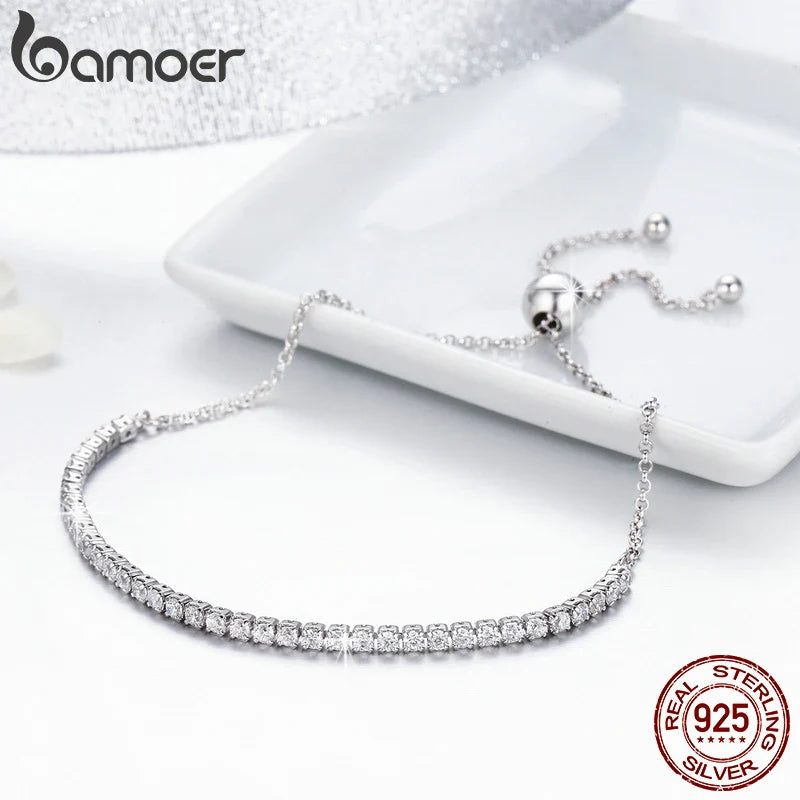 BAMOER 18K Gold Plated CZ Classic Tennis Bracelet for Women, 925 Sterling Silver Adjustable Slider Bracelet Wedding Jewelry Gift
