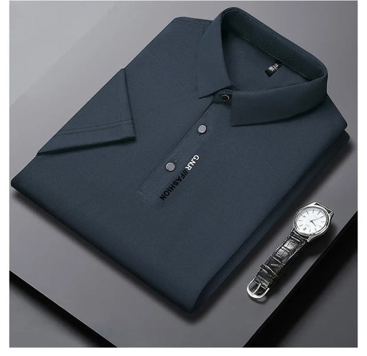 2025 Men's Short Sleeve Solid Color Polo Shirt Breathable Comfortable Elastic Top New Arrivals Casual Business Style
