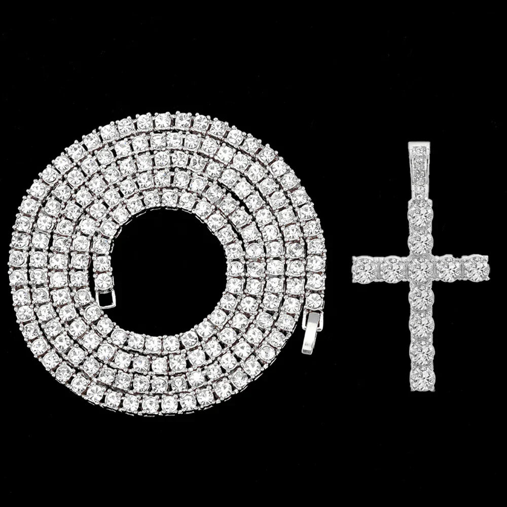 Hip Hop Iced Out Cross Pendant Necklace Strap 4mm Zircon Tennis Chain Men Women Sparkling Necklace Punk Jewelry Fashion Gift