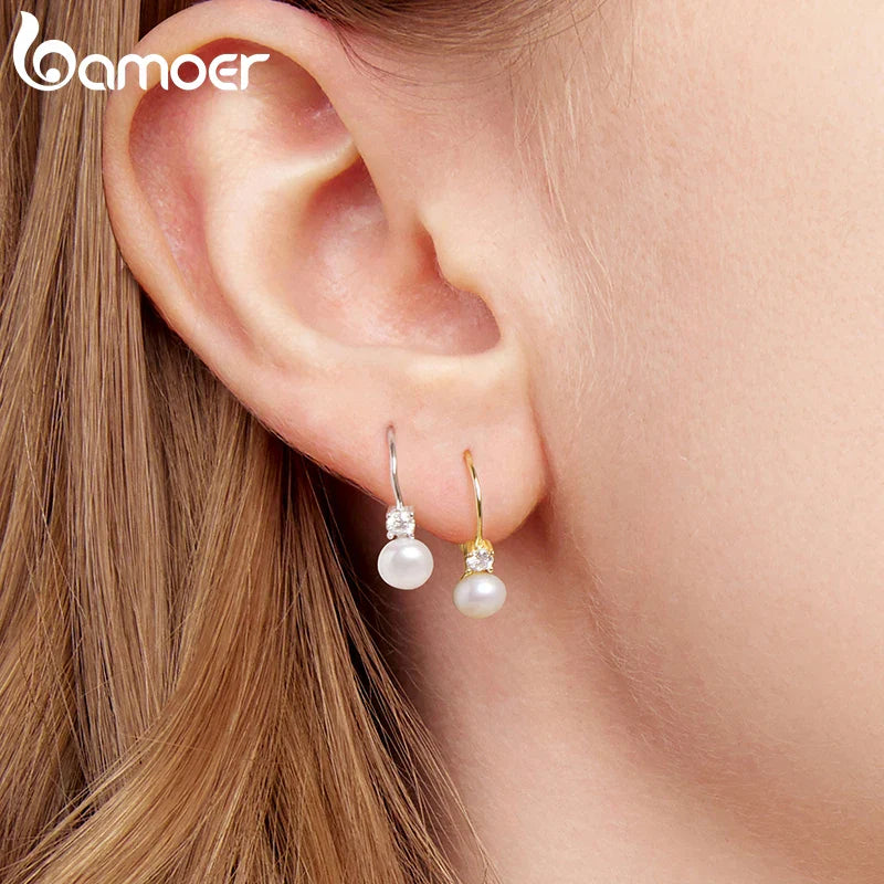 BAMOER Moissanite Freshwater Pearl Earrings for Women Wedding, Round Cut Lab Diamond 925 Sterling Silver Drop Dangle Ear Buckles