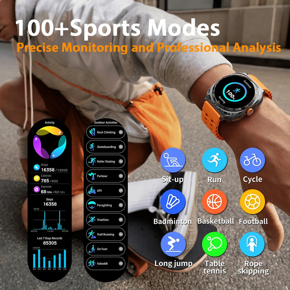 2025 New 6ATM Waterproof Smart Watch Men Outdoor SmartWatch GPS earphone Compass Heart rate LED  Bluetooth Call Sports Gift