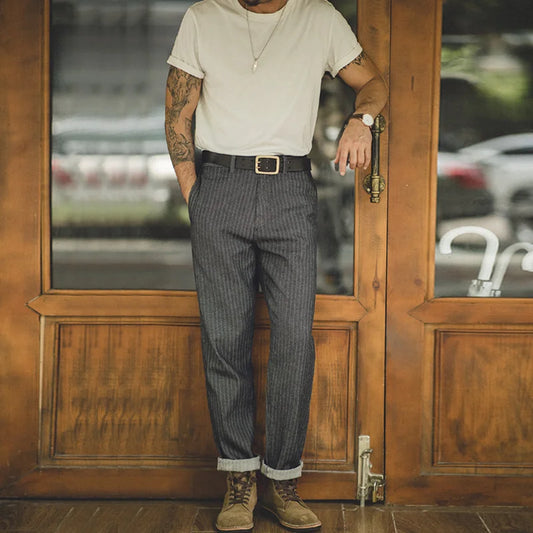 Retro Stripped Denim Jeans Gray Color Slim Fit Straight Pants Vintage