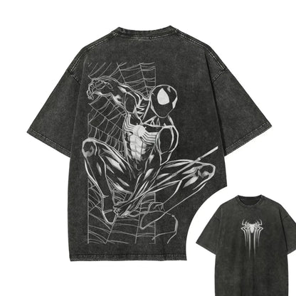 Marvel Spider Man printed short sleeved T-shirt for autumn casual men's streetwear retro distressed washed cotton material