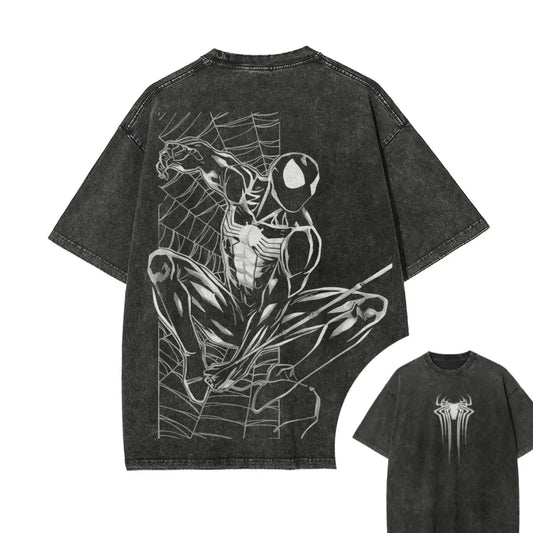 Marvel Spider Man printed short sleeved T-shirt for autumn casual men's streetwear retro distressed washed cotton material