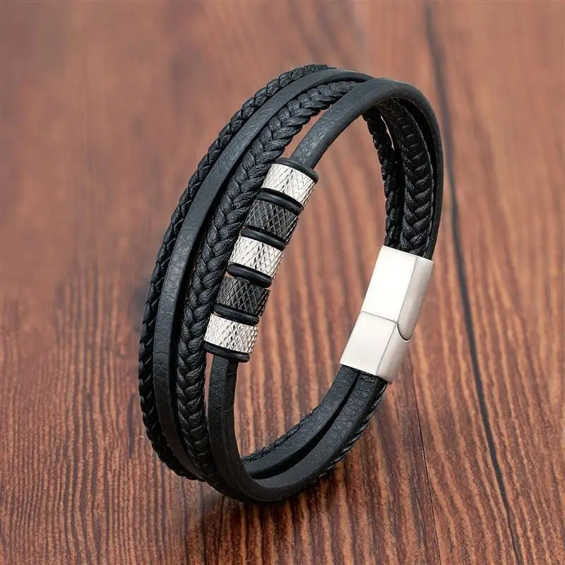 Punk Men Leather Bracelet with Stainless Steel Magnetic Clasp Braided Mutilayer Leather Wrapping Bangles Man Jewelry Gift