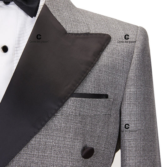 Tuxedo for Mens: Elegant Grey Tuxedo Suits for Men Double Breasted Black Satin