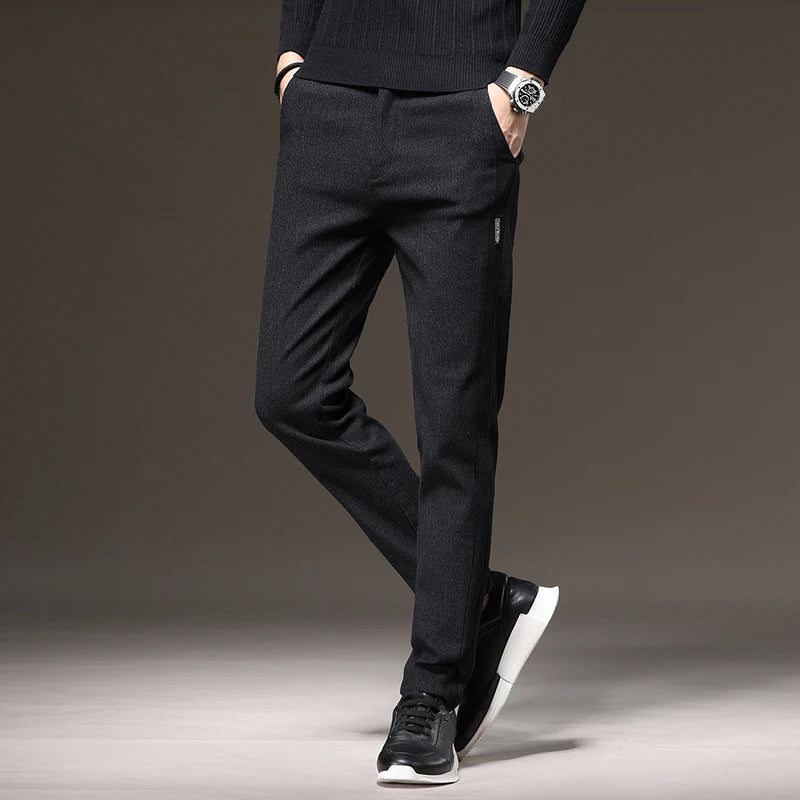 Cotton Long Pants Men Thick Suit Elastic Waist Slim Business Casual
