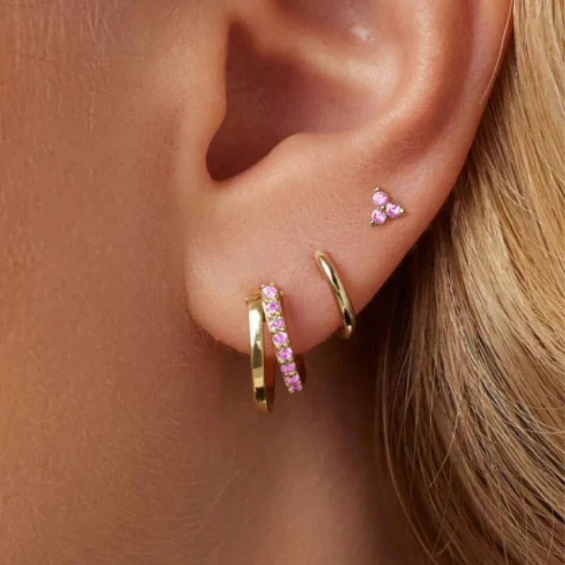 Aide 3pcs Set 925 Sterling Silver Double Gold Hoop Mini Zircon Stud Earrings For Women Hypoallergic Elegant INS Piercing Jewelry