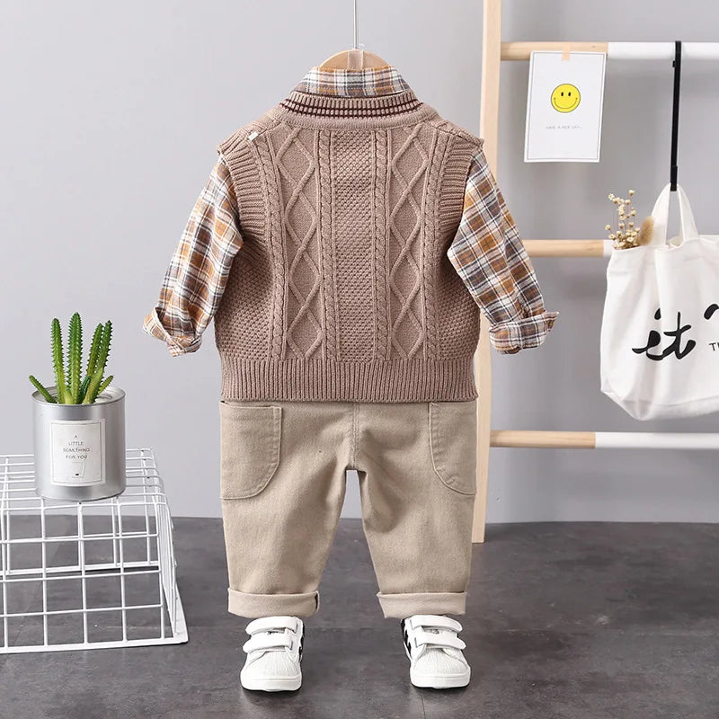 Baby Boys Clothes Suit Children Casual Plaid Shirt Vest Pants 3Pcs/Sets Toddler Cotton Costume Kids Tracksuits