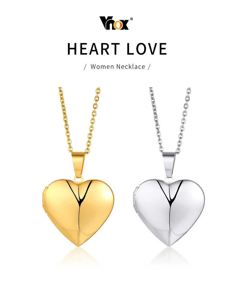 Vnox Light Heart Locket Pendants for Women Men Openable Photo Frame Glossy Stainless Steel Necklaces Family Love Collar
