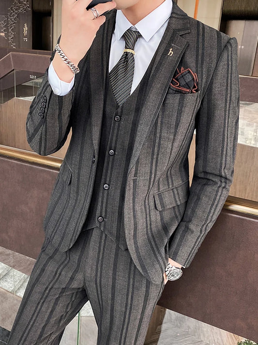 Elegant Striped Three-Piece Men's Suit Set for Formal Occasions - Jacket, Vest, and Pants for Groom and Business Attire