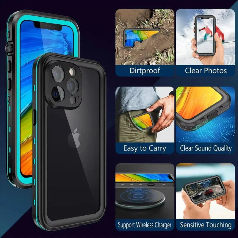 Full Sealed Clear For iPhone 12 13 14 15 16 17 Pro Max Waterproof Cases IP68 Diving 360 Protect Magsafe Shockproof Protect Cover