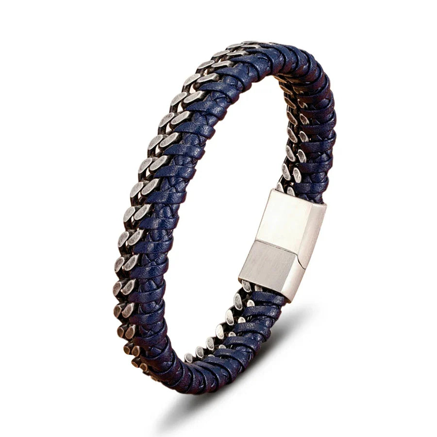 TYO New Fashion Stainless Steel Double Chain Braid Leather Mens Bracelet with Magnetic Buckle Best Gifts Whoesale Dropshipping