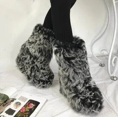 Winter Women Black Brown Wool Fur Round Toe Thick Sole Snow Boots