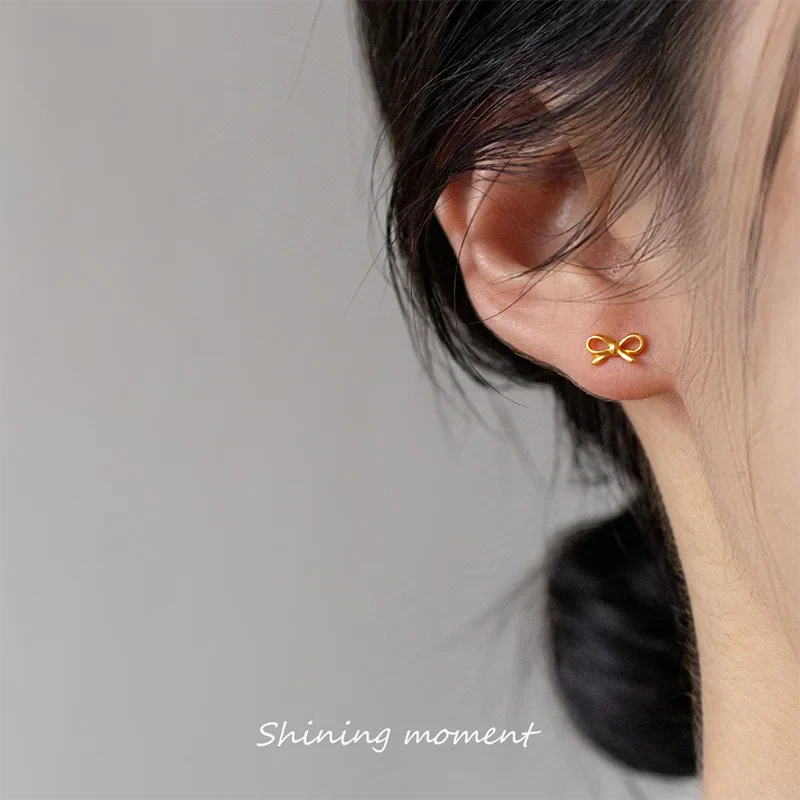 WANTME 925 Sterling Silver Romantic Bow Screw Bead Piercing Stud Earrings for Women Fashion Simple Cute Girls Party Jewelry Gift