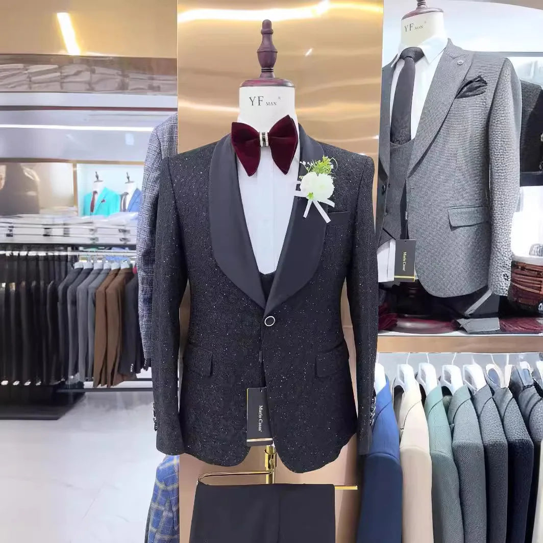 Tuxedo for Mens: Formal Floral Men's Suit Wedding Groom Tuxedo Three Piece Black