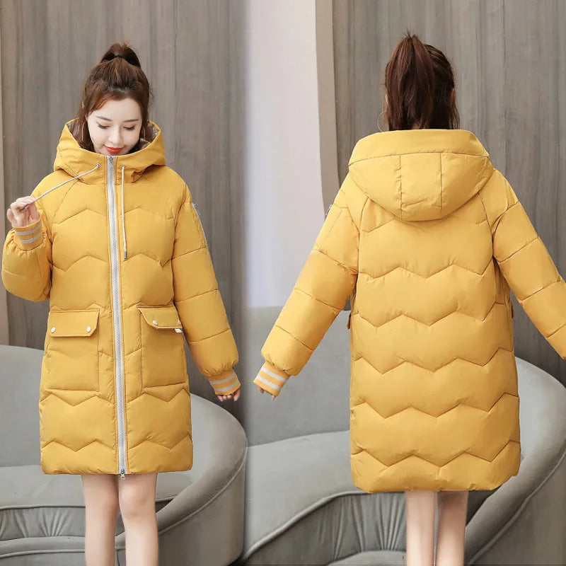 Women Winter Coat Mid-length Cotton Padded Parkas Hooded Warm Thicken