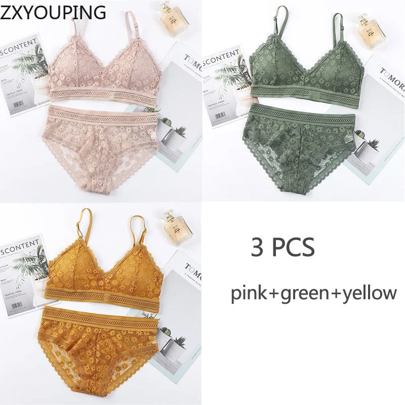 3 Piece Set Bra Lace Beauty Back Suit Underwear Gather Seamless