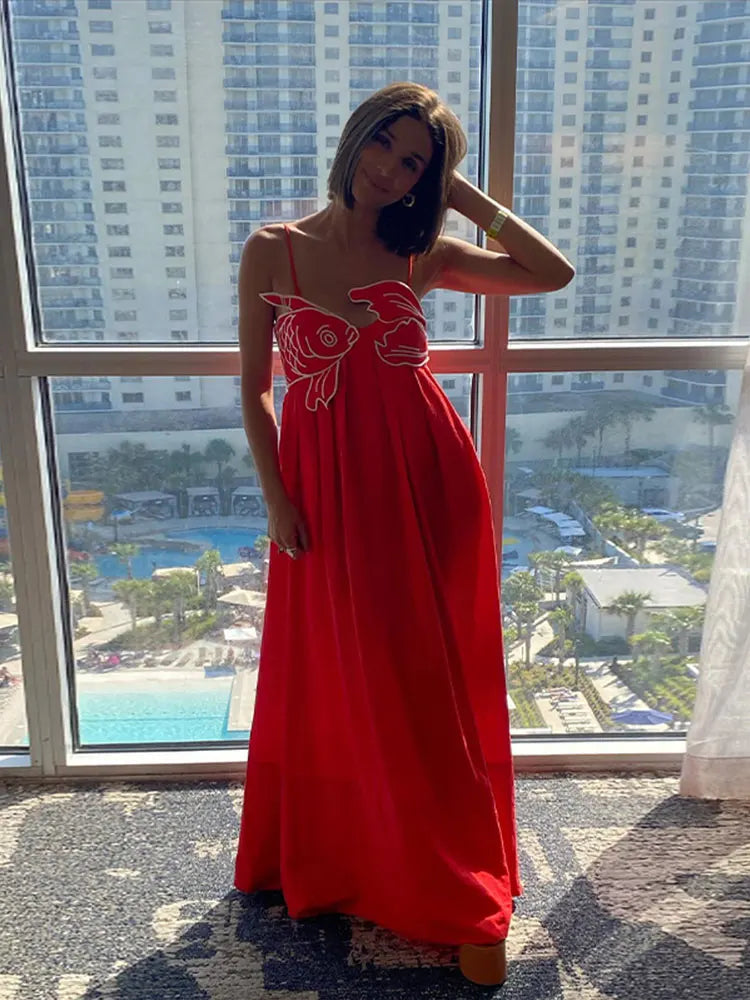 Summer Chic Red Fish Top Party Maxi Dress For Women Sexy Sling High Waist Ceremony Robe 2024 Holiday Lady Street Vestidos